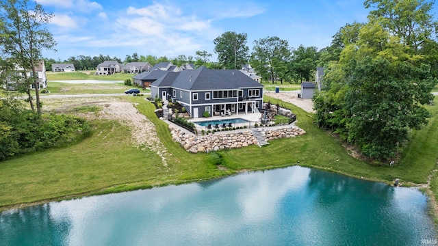 aerial view featuring a water view