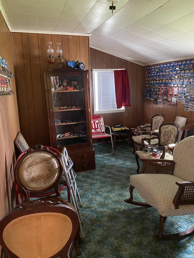 870 W 950 Rd S, Geneva, IN 46740 - sitting room featuring carpet floors, wood walls, and lofted ceiling