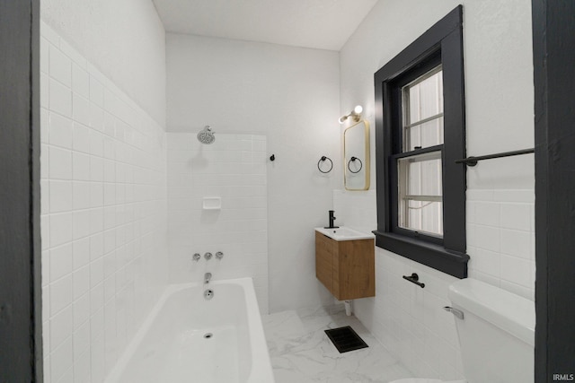 1820 W Main St, Fort Wayne, IN 46808 - bathroom with shower / bathtub combination, vanity, toilet, and marble finish floor