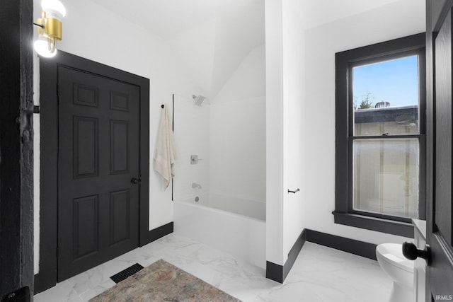 1820 W Main St, Fort Wayne, IN 46808 - bathroom featuring shower / washtub combination, baseboards, toilet, and marble finish floor