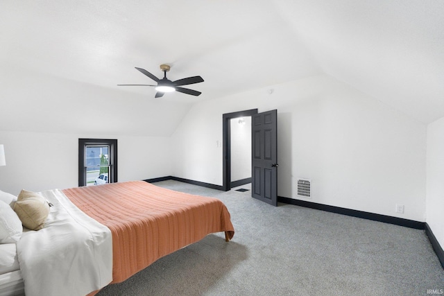 1820 W Main St, Fort Wayne, IN 46808 - bedroom with baseboards, a ceiling fan, vaulted ceiling, and light colored carpet