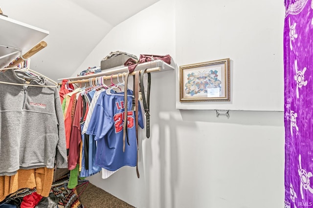 walk in closet featuring carpet flooring and lofted ceiling