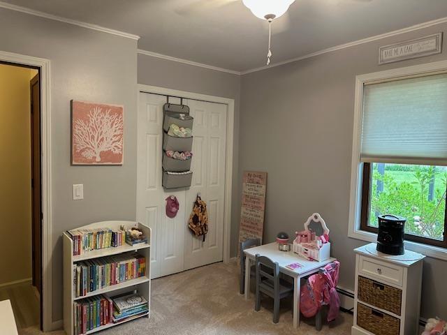 8615 Timbermill Pl, Fort Wayne, IN 46804 - rec room featuring carpet flooring, crown molding, and baseboard heating