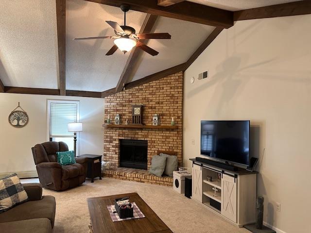 8615 Timbermill Pl, Fort Wayne, IN 46804 - living room with carpet flooring, a ceiling fan, and a fireplace