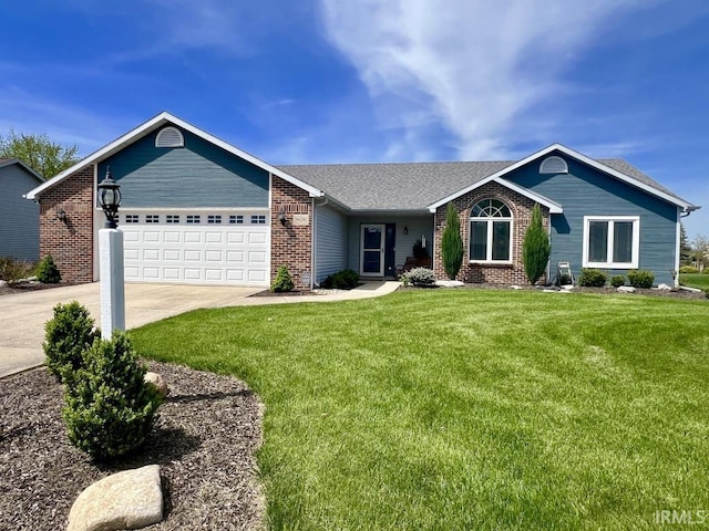 ranch-style home with a shingled roof, brick siding, a garage, a front yard, and driveway