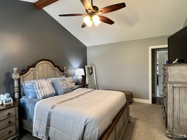 bedroom with ceiling fan, baseboards, lofted ceiling with beams, and dark carpet