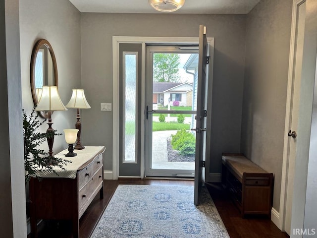 entrance foyer featuring baseboards and dark wood-style flooring