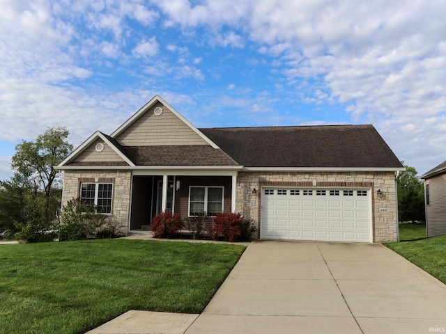 craftsman house with a garage, a front yard, stone siding, roof with shingles, and concrete driveway