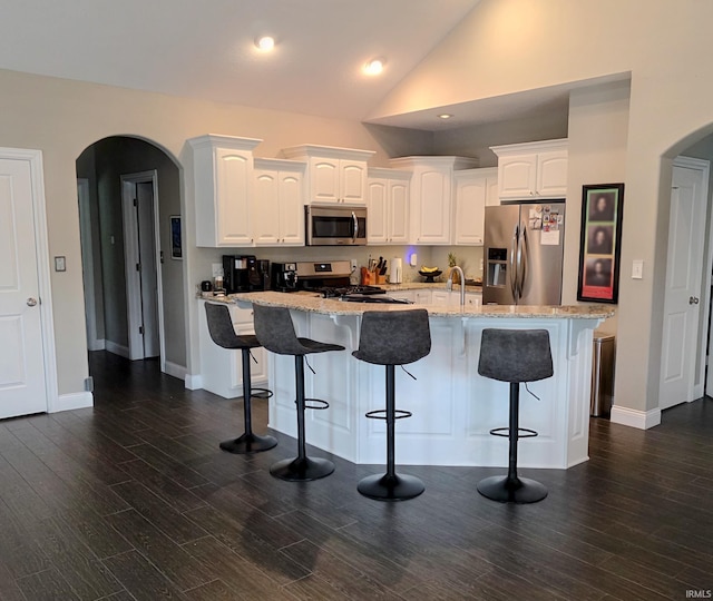 kitchen with light stone countertops, vaulted ceiling, dark wood finished floors, stainless steel appliances, and white cabinetry