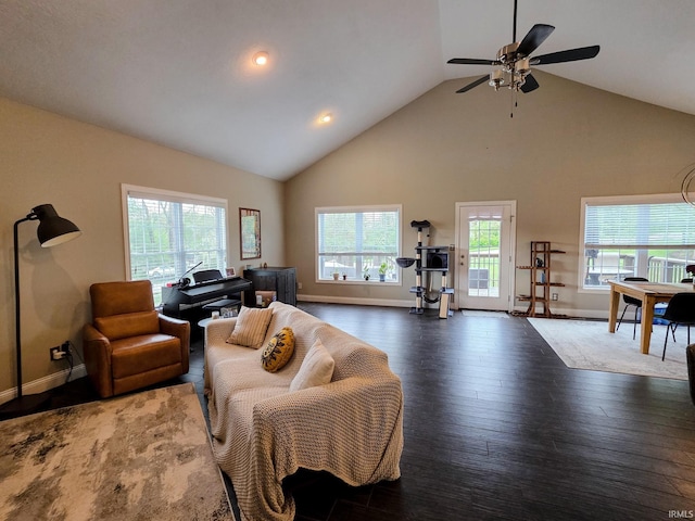 living room with wood-type flooring, high vaulted ceiling, a ceiling fan, recessed lighting, and baseboards