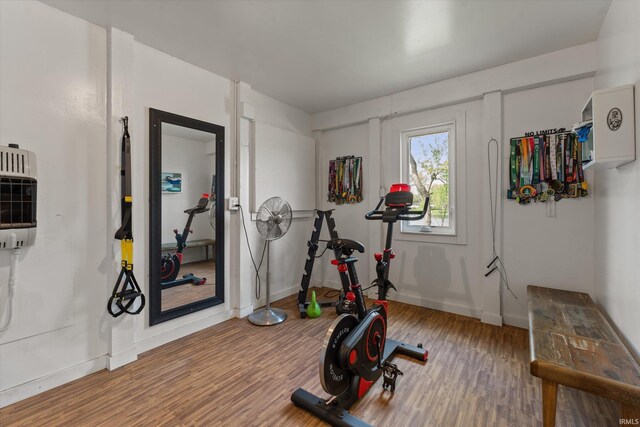 15860 Cook Lake Trl, Plymouth, IN 46563 - exercise area with heating unit, baseboards, and wood finished floors