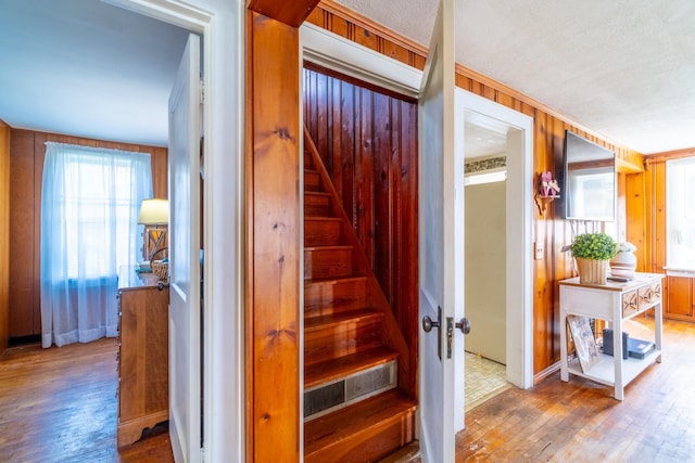 stairway with wood walls and wood finished floors
