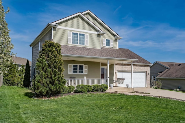 traditional home featuring a shingled roof, an attached garage, a front lawn, a porch, and concrete driveway