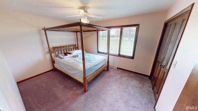 carpeted bedroom featuring a ceiling fan, baseboards, and a closet