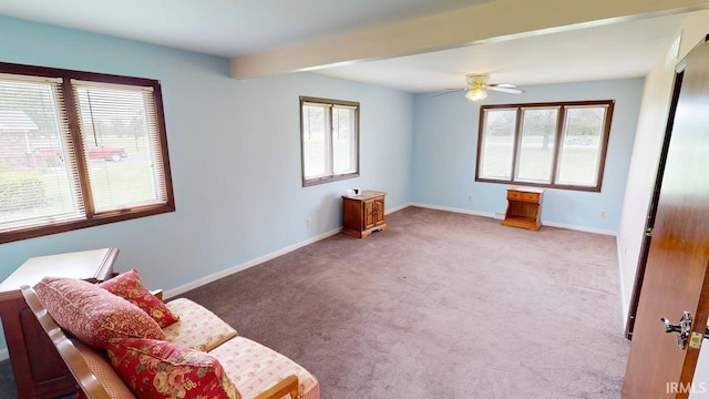 interior space featuring baseboards, a ceiling fan, and carpet flooring
