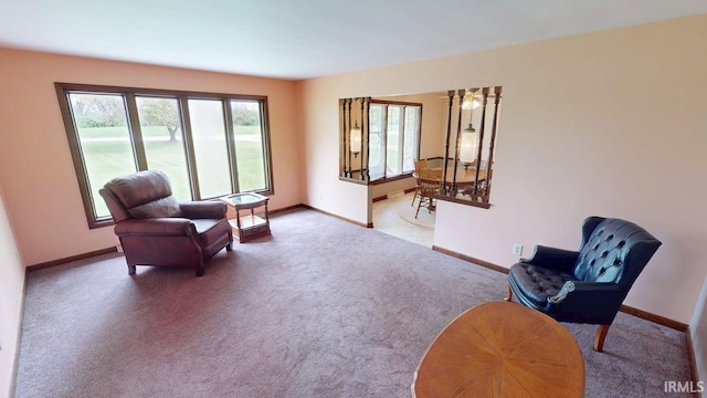 sitting room featuring carpet floors and baseboards
