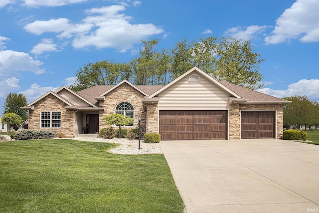 ranch-style house with driveway, a front lawn, an attached garage, a shingled roof, and stone siding