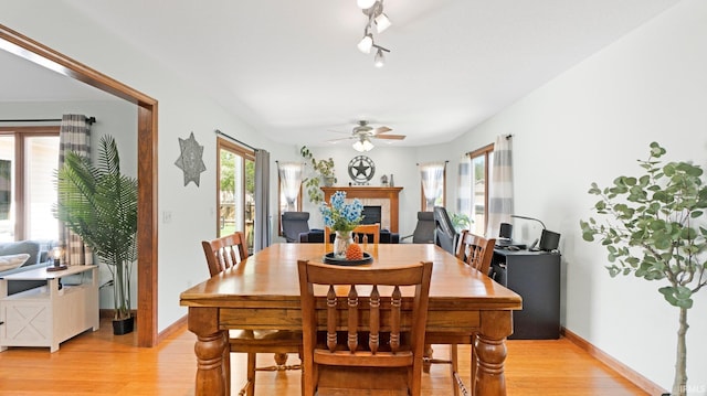dining space with a ceiling fan, baseboards, a tiled fireplace, and light wood-type flooring