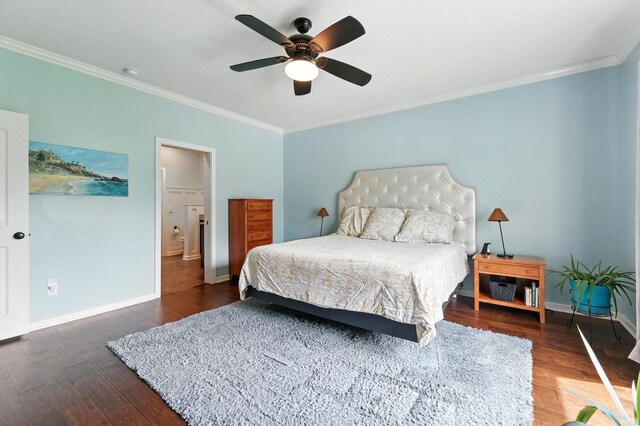 bedroom with crown molding, wood finished floors, baseboards, a ceiling fan, and connected bathroom
