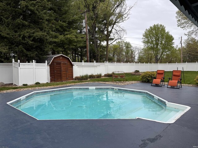 view of swimming pool with a patio, an outdoor structure, a fenced backyard, and a shed