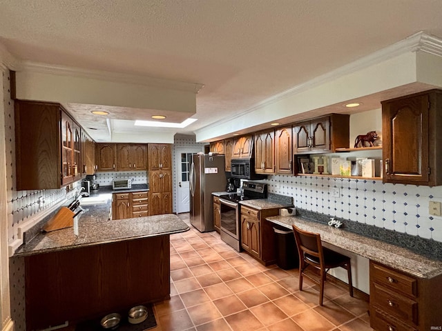 kitchen featuring light tile patterned floors, open shelves, crown molding, appliances with stainless steel finishes, and decorative backsplash