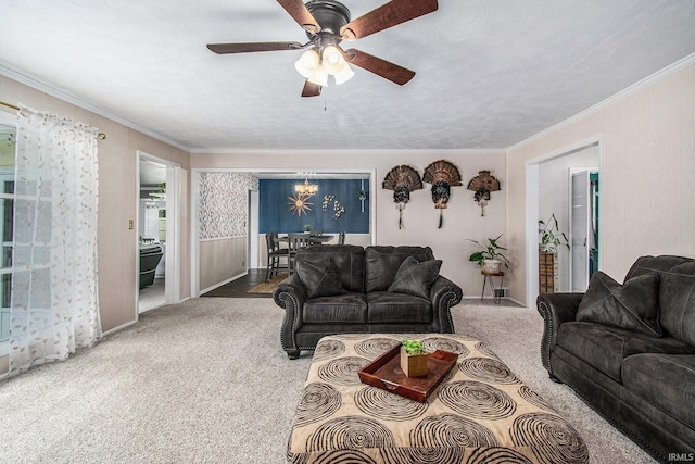 530 W Harrison Ave, Wabash, IN 46992 - living room featuring ornamental molding, carpet flooring, and ceiling fan
