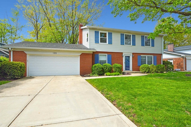 colonial-style house featuring an attached garage, brick siding, concrete driveway, a front lawn, and a chimney