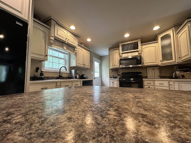 kitchen with stainless steel microwave, dark countertops, a sink, and black / electric stove