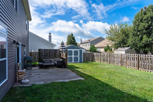 5138 Indigo Ave, Lafayette, IN 47909 - view of yard with a storage shed, a patio, an outdoor structure, a fenced backyard, and an outdoor hangout area