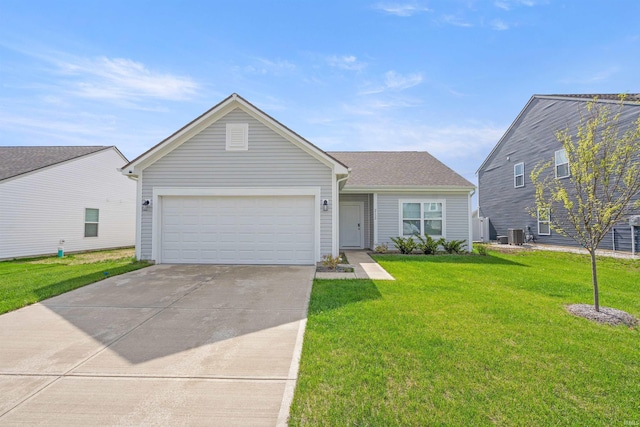 view of front facade featuring central air condition unit, concrete driveway, a garage, and a front yard
