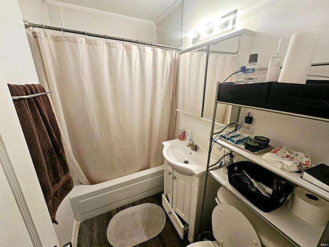full bath featuring vanity, ornamental molding, toilet, and shower / bath combination with curtain
