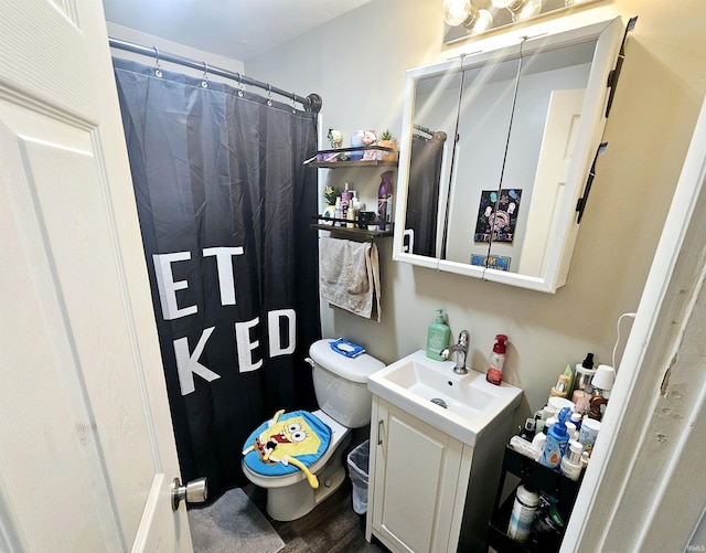 full bathroom featuring toilet, vanity, a shower with shower curtain, and wood finished floors