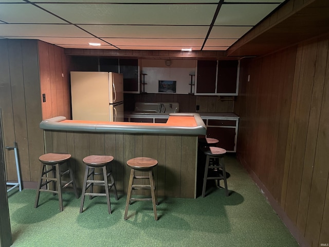 388 Schuetter Rd, Jasper, IN 47546 - bar featuring freestanding refrigerator, a drop ceiling, wooden walls, and carpet floors