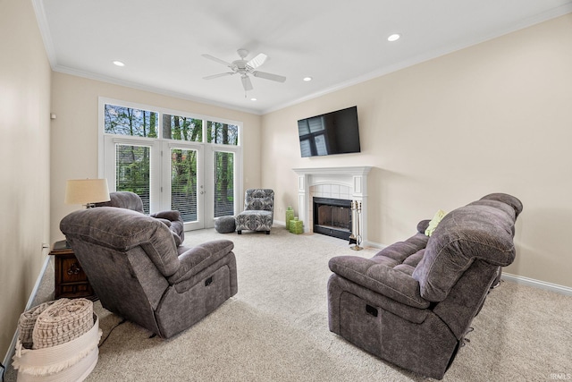 1611 Rockwood Ln, Mishawaka, IN 46545 - carpeted living room with ceiling fan, crown molding, and recessed lighting
