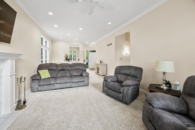 1611 Rockwood Ln, Mishawaka, IN 46545 - living room featuring baseboards, ornamental molding, recessed lighting, and light colored carpet