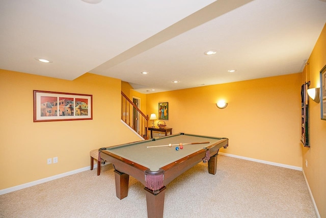 recreation room featuring light colored carpet, baseboards, and recessed lighting