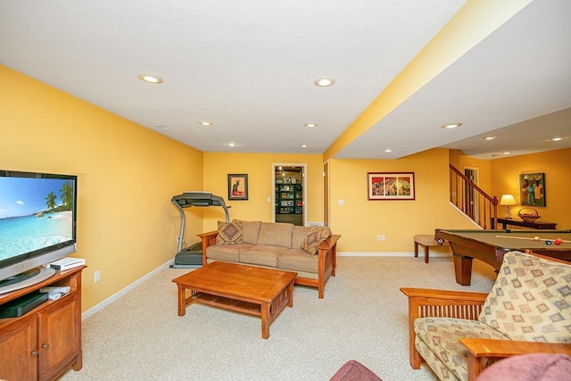 living room with baseboards, light carpet, stairway, and recessed lighting