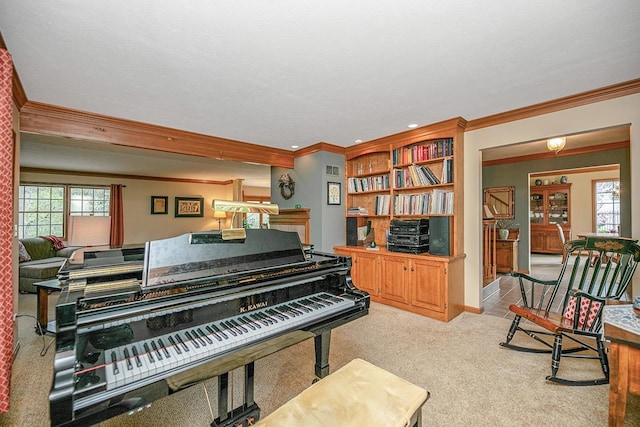 living area featuring crown molding and light colored carpet