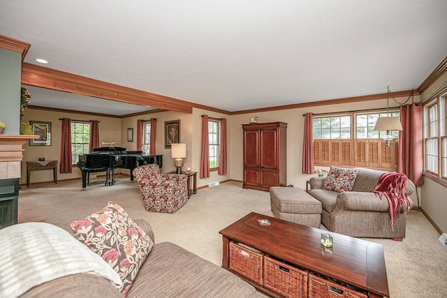 living area featuring baseboards, light carpet, and crown molding