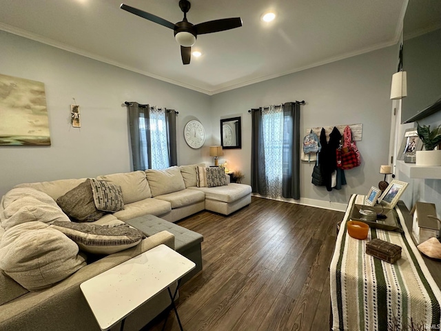 living area featuring a ceiling fan, dark wood-style flooring, ornamental molding, and recessed lighting