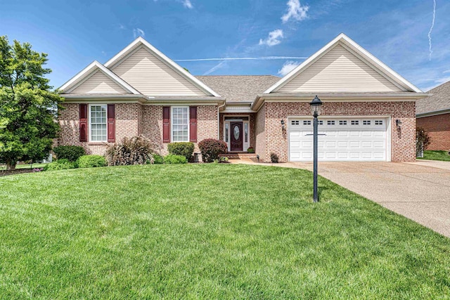 view of front of property featuring concrete driveway, brick siding, a garage, and a front lawn