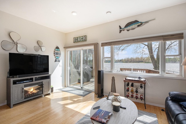 living area with light wood finished floors, a wealth of natural light, a water view, and baseboards