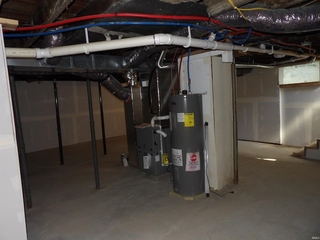 unfinished below grade area with electric water heater and heating unit