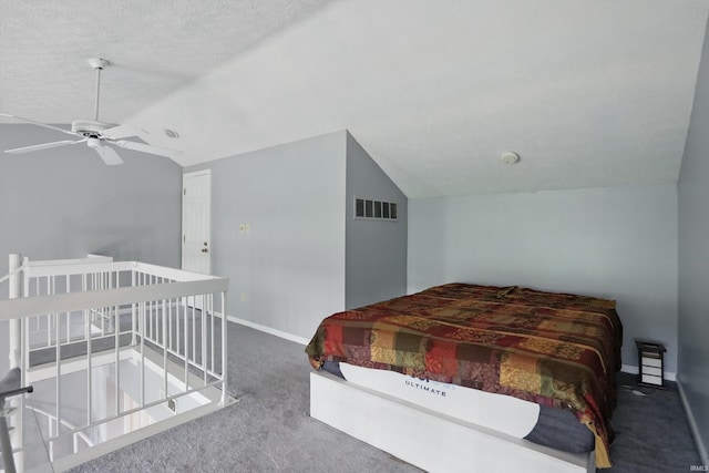 9404 S Lake Ridge Dr, Bloomington, IN 47401 - bedroom featuring lofted ceiling, visible vents, carpet floors, a ceiling fan, and baseboards