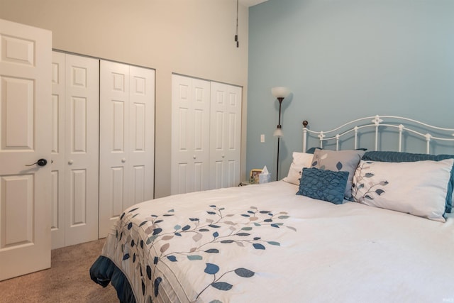 carpeted bedroom with two closets