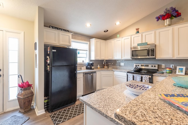 kitchen featuring vaulted ceiling, stainless steel appliances, tasteful backsplash, and a sink