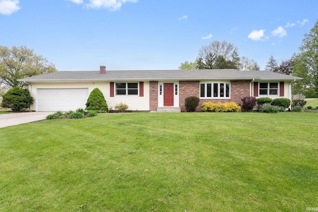 ranch-style house with an attached garage, brick siding, concrete driveway, a front lawn, and a chimney