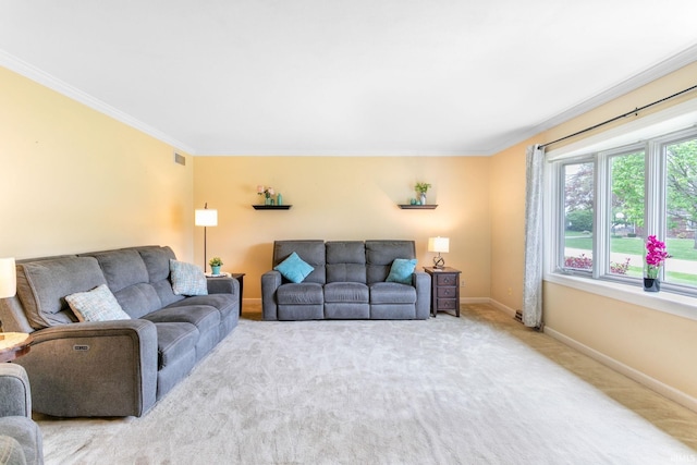 living area with carpet flooring, ornamental molding, visible vents, and baseboards