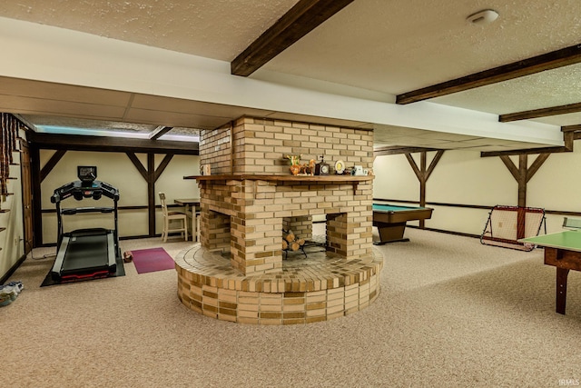 playroom featuring beam ceiling, a textured ceiling, carpet, billiards, and baseboards