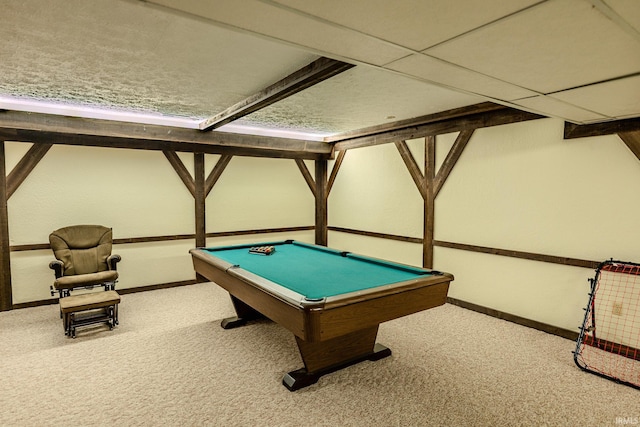 game room featuring baseboards, pool table, and carpet floors